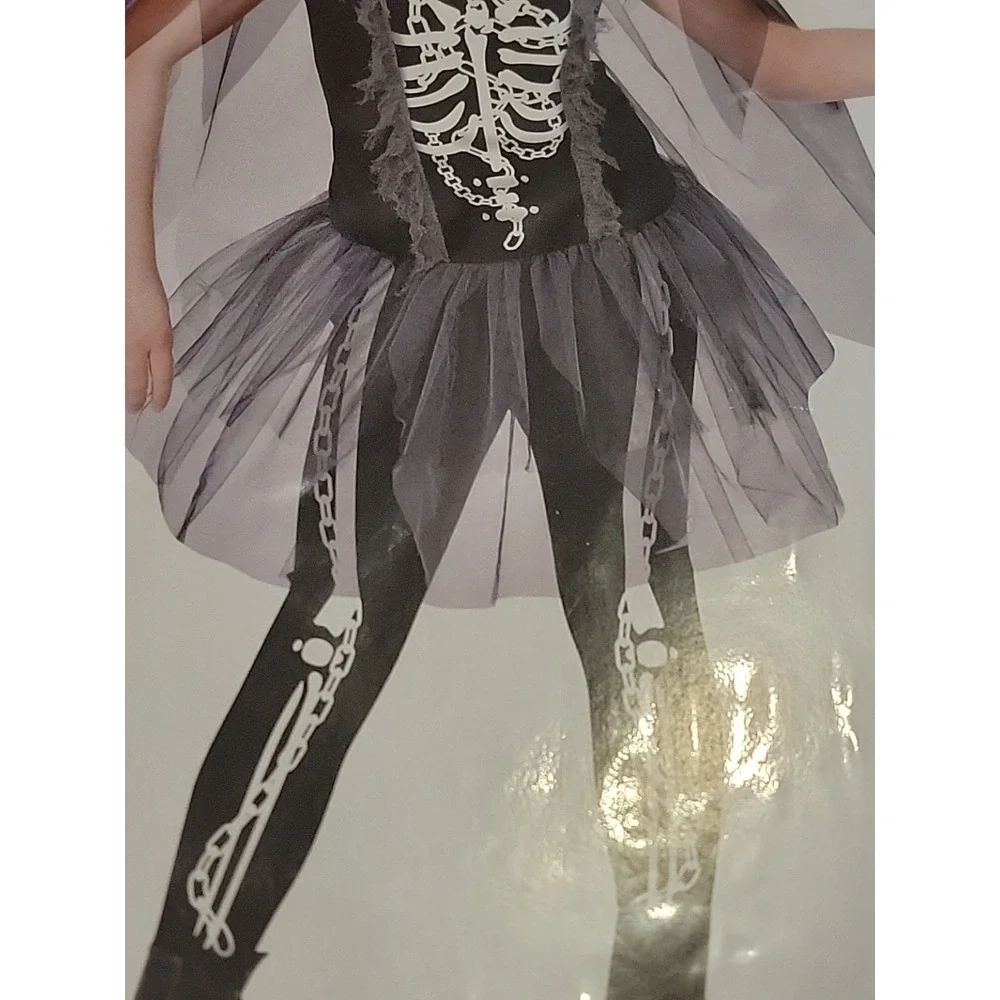 Girls Grim Reaper Skeleton Halloween Costume Size medium 8-10 Dress & Cape - Picture 8 of 10